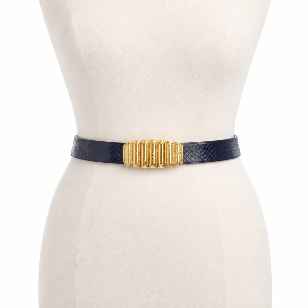 Douglas Paquette Navy Blue Belt Snake Pattern Gold Tone Chunky Buckle 80s Large